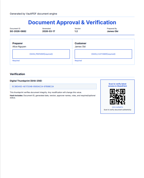 Example Approval & Verification page showing signer grid, digital thumbprint, and QR code